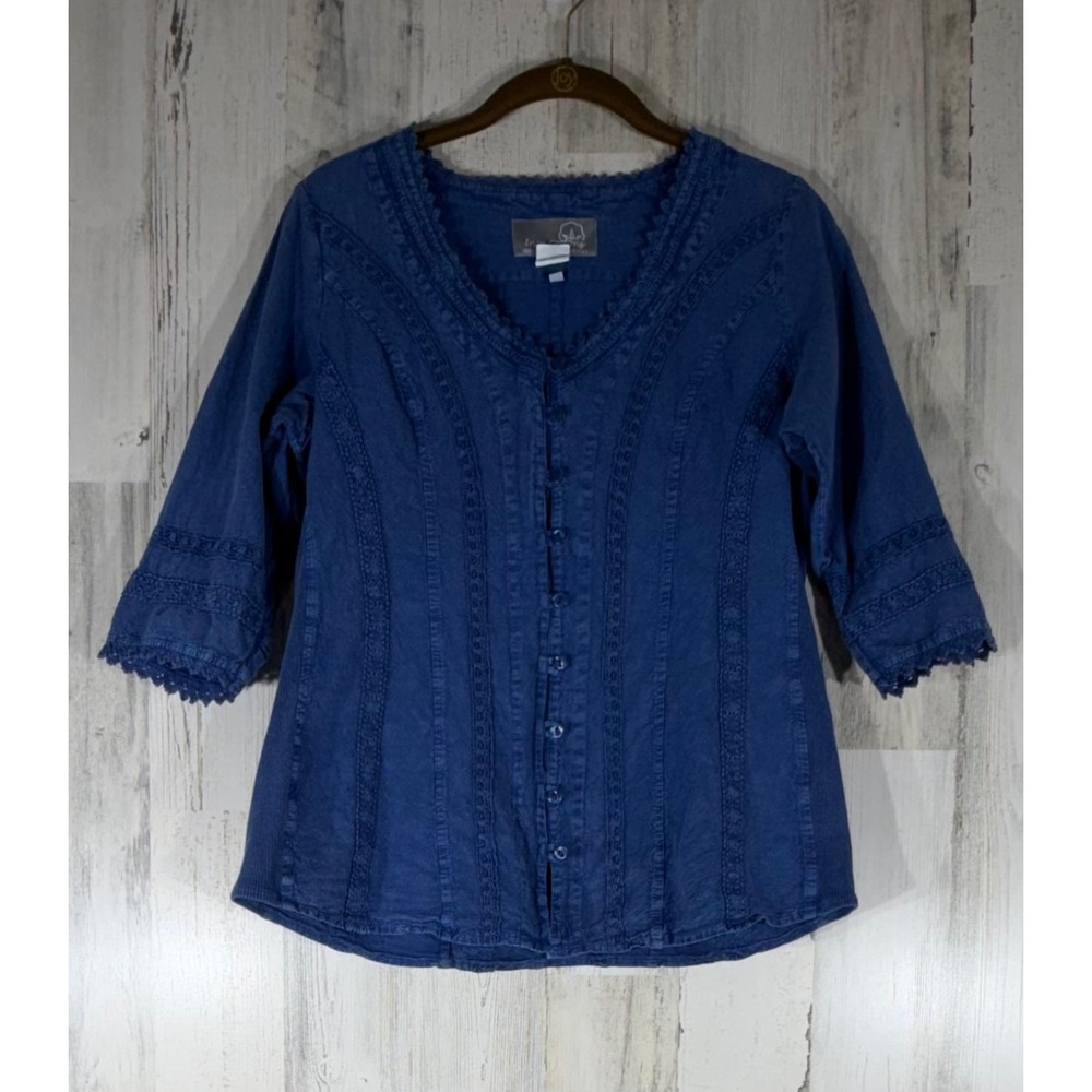 Inca‎ Cottons Button Front Top Small Sunwashed Blue Peruvian Cotton Crochet READ